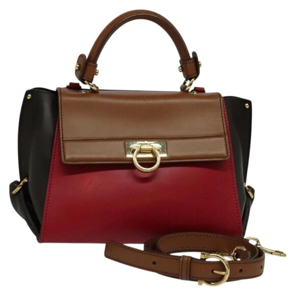 Salvatore Ferragamo Gancini Hand Bag Leather 2way Red Gold Auth 131642 - Picture 1 of 16